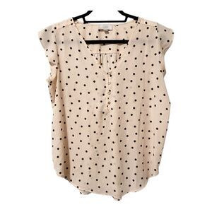 Loft Womens V Neck Cap Ruffle Sleeve Pink Polkadot Sheer Blouse Size Medium